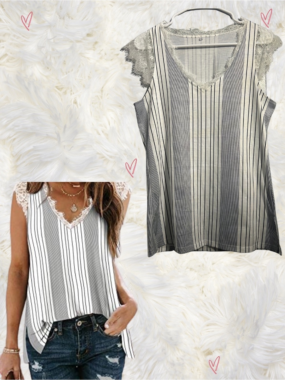 Lace-Trim Vertical Stripe V-Neck Top - Gray/White